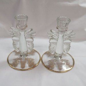 Paden City Glass Crystal Gold Encrusted 6 In Gazebo Candle Sticks, Pair